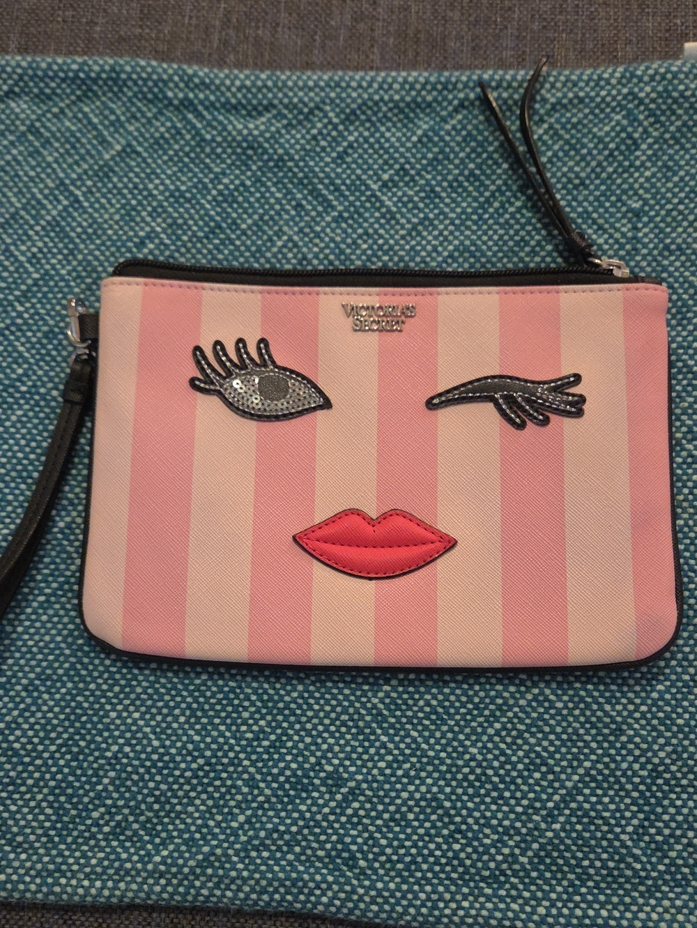 Victoria's Secret Pink Striped Wristlet Clutch with Face Appliqué